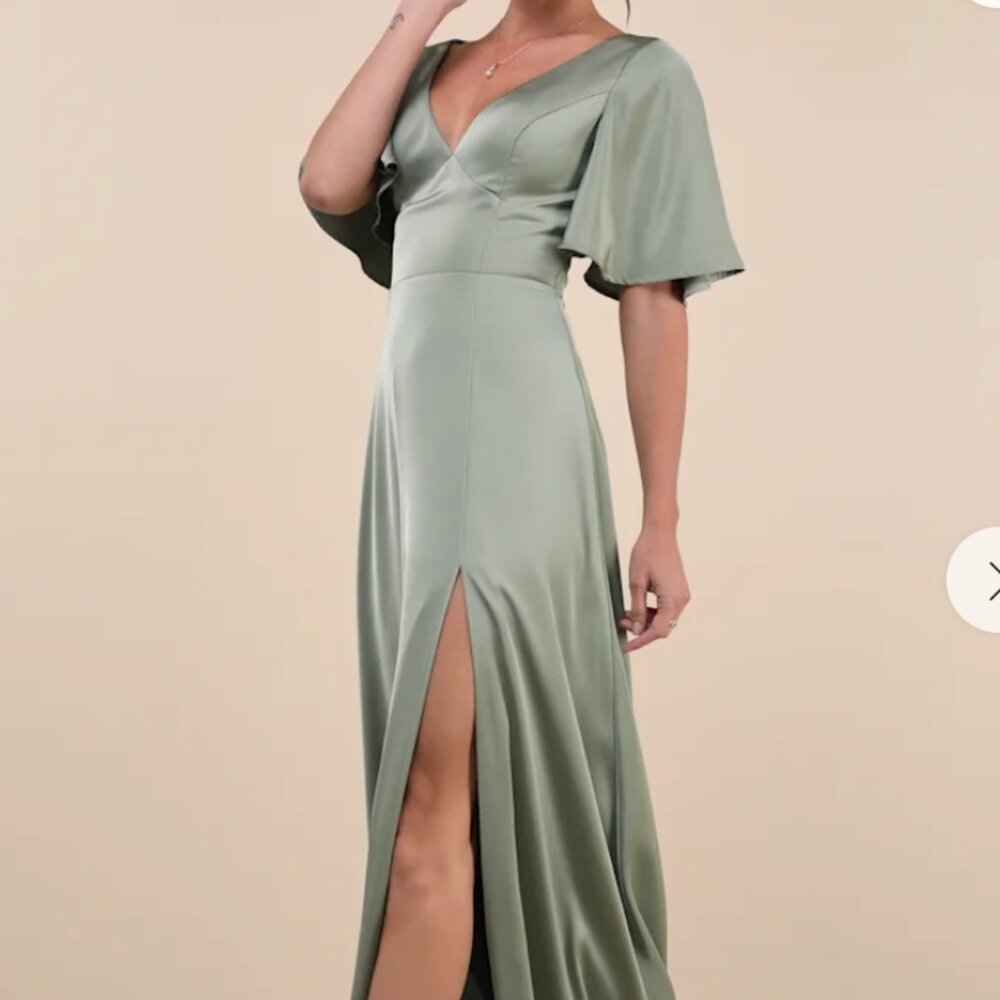 Lulus Elegant Confidence Sage Satin Flutter Sleev… - image 1